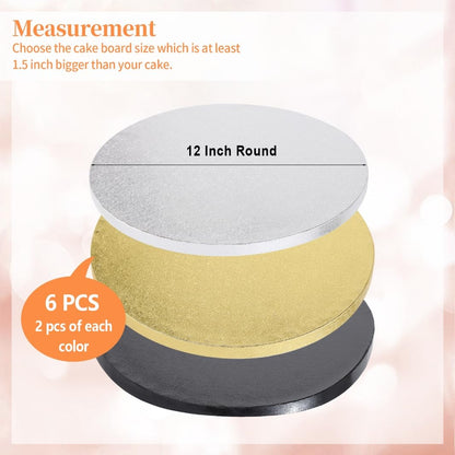Anscher 6 Packs 12 Inch Cake Drums, Greaseproof Thick Round Cake drums in Gold Black White Cake Base, Cardboard Cake Boards for Presenting Heavy/Tall Tiered Cakes, Base Para Pastel
