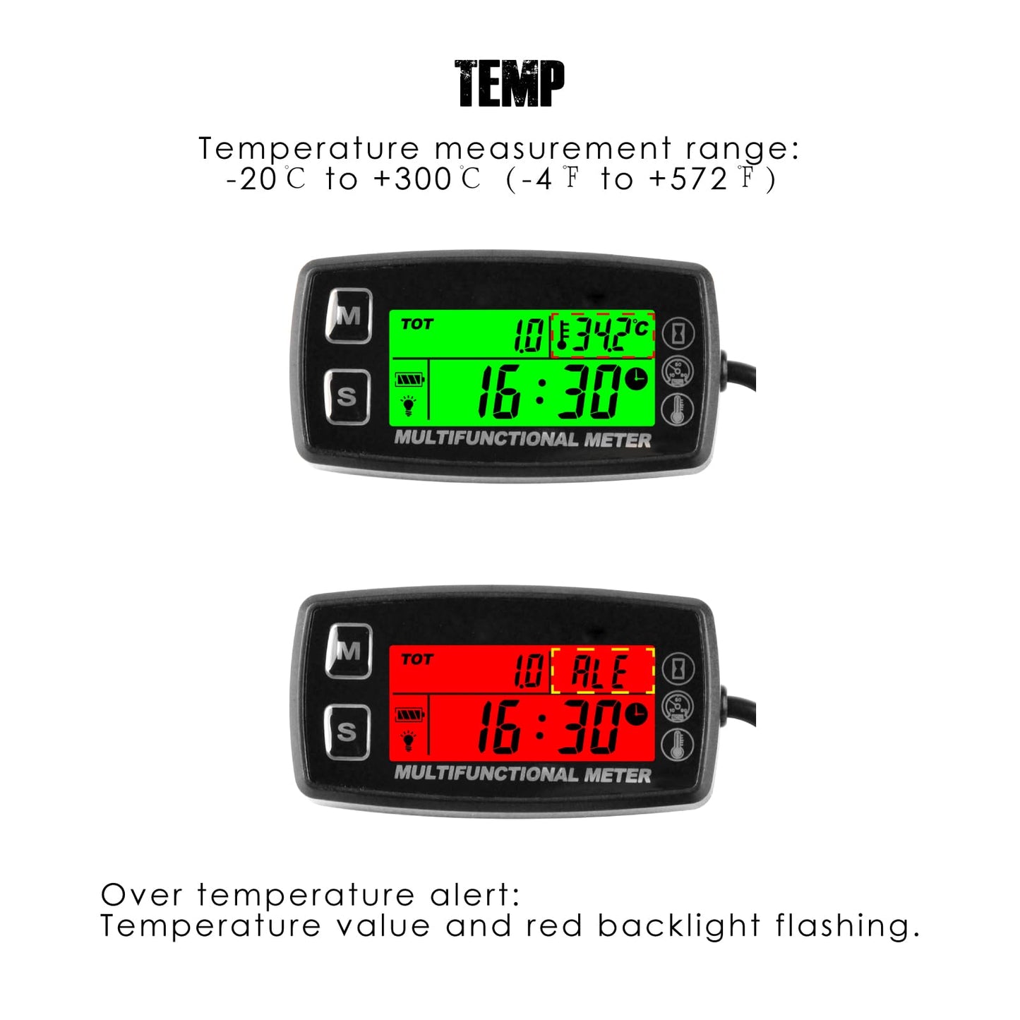Taikemeti Digital Tachometer Temperature Outdoor Small Engine,Waterproof Digital Thermometer, Maintenance Reminder, Battery Replaceable,Design for Car Lawn Mower ATV. (TS002-1)