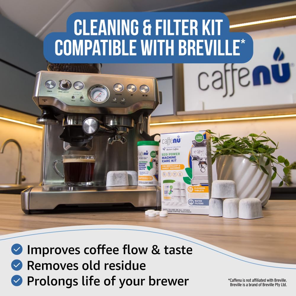 Caffenu Kit Compatible with Breville Espresso Machines. 52 Espresso Machine Cleaning Tablets & 6 Water Filters. Helps Remove Coffee Oil Build-Up. 1 Year Supply Kit Compatible with Breville