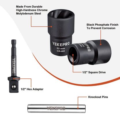 YEKEPRO 6 PCS Lug Nut Removal Tool, 1/2-inch Drive Impact Twist Socket Set & Bolt Extractor Set, Wheel Lock Removal Kit for Removing Damaged, Frozen, Rusted, Nuts & Screws, Cr-Mo Steel, T12206