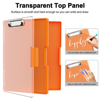 Clipboard with Storage, 8.5x11 Clip Boards with 2 Storage Case and A4 Paper Folder, Clear Dry Erase Top Panel, Heavy Duty Plastic, Folio & Side-Opening, for Nurses, Teacher, Lawers, Orange