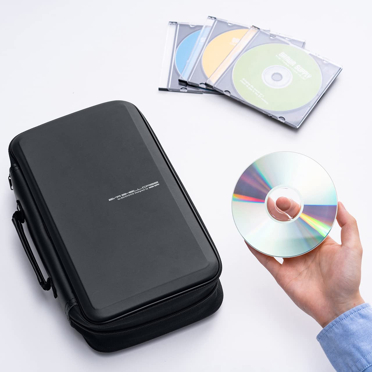 SANWA 104 Capacity CD Case, Portable DVD Storage Case, EVA Protective Music Movie Game Blu-ray Disc Wallet, Holder, Binder with Handle, Media Storage for Car, Home, Office, Black (Japan Brand)