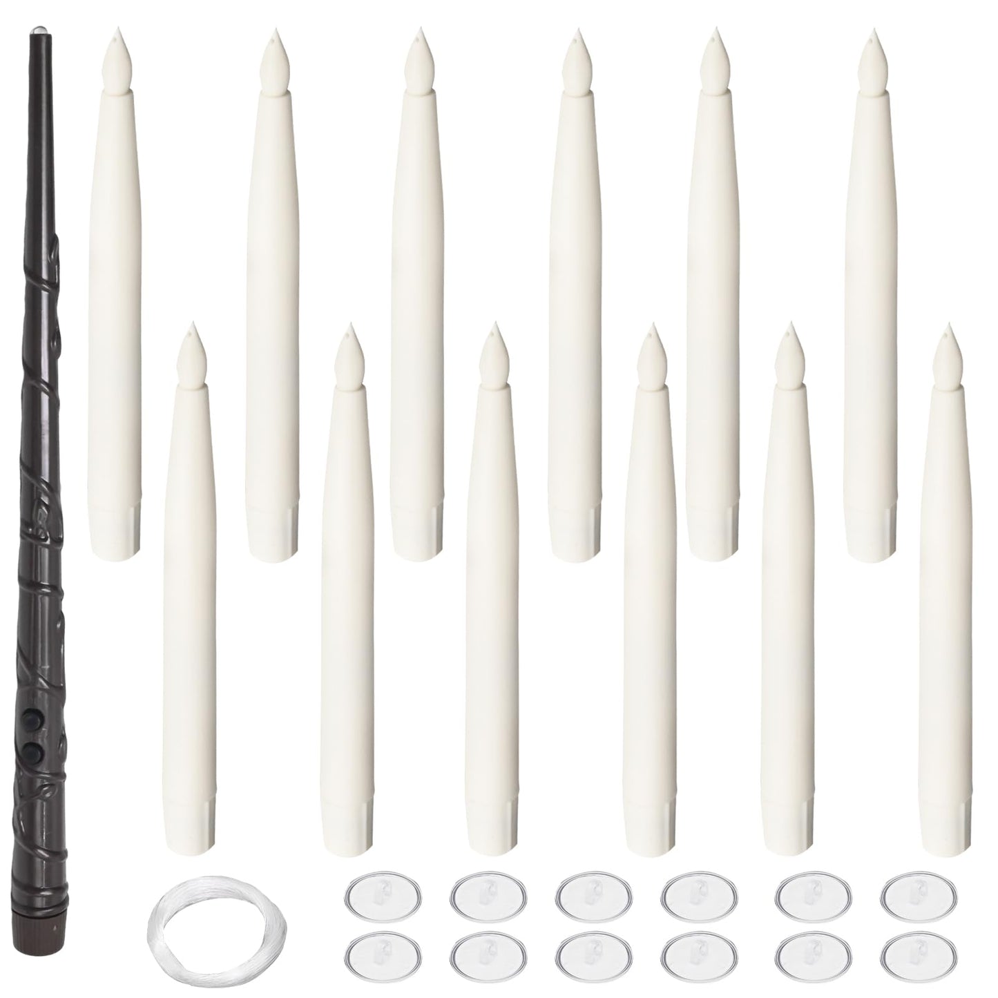 Anxingo 12 Pcs Flameless Floating Candles with Wand, LED Flickering Battery Operated Candles Wizard Hanging Decorative Lighting with Remote Timer for Parties Halloween Christmas