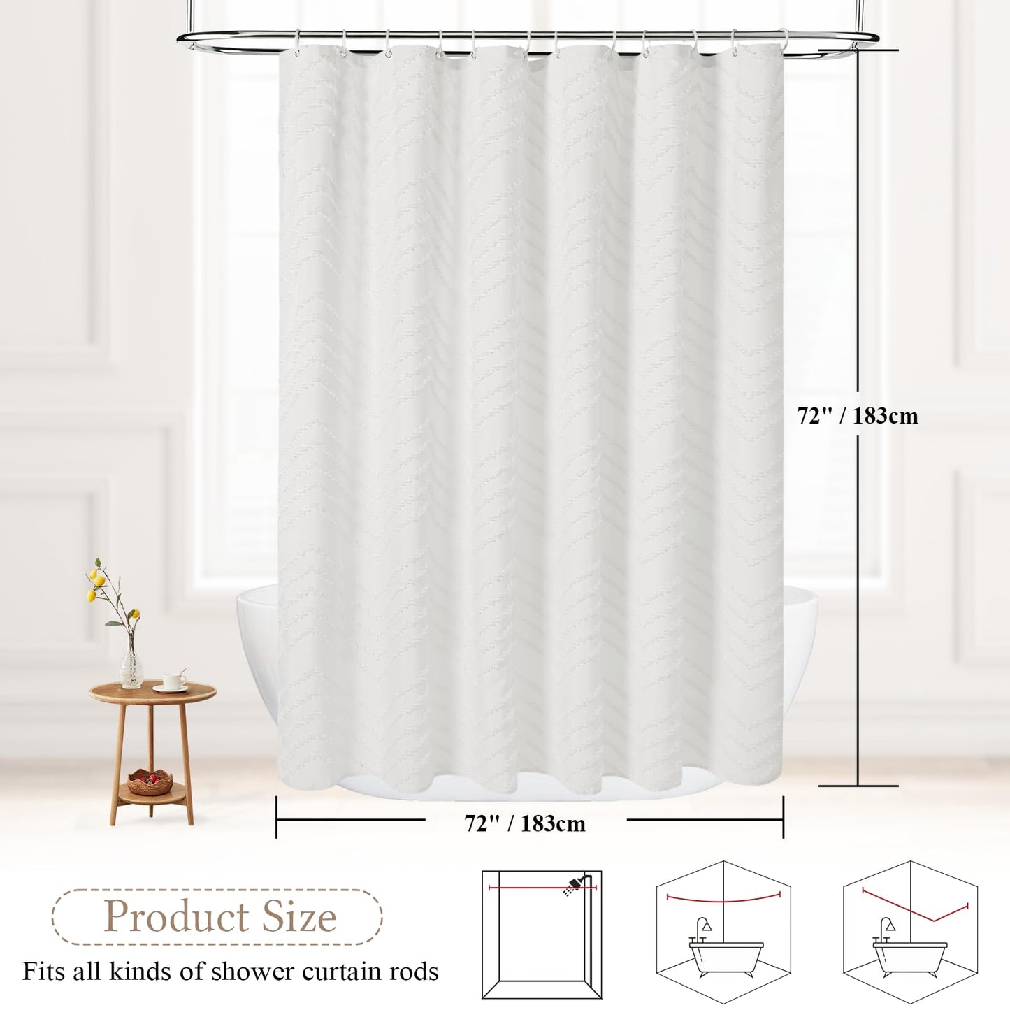 White Boho Farmhouse Shower Curtain Fabric for Bathroom-Hotel Spa Grade, Textured Polyester Waterproof Cloth Curtains-Includes 12 Double-Sided Hooks, 72x72 Inches
