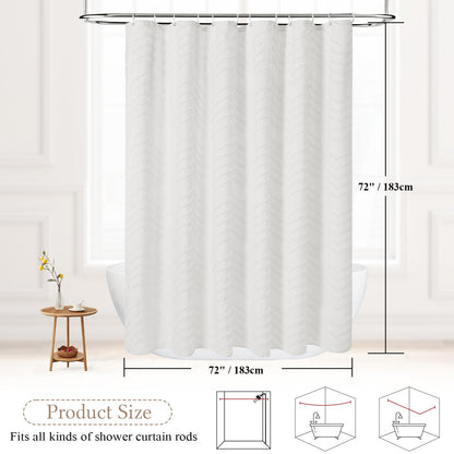 White Boho Farmhouse Shower Curtain Fabric for Bathroom-Hotel Spa Grade, Textured Polyester Waterproof Cloth Curtains-Includes 12 Double-Sided Hooks, 72x72 Inches