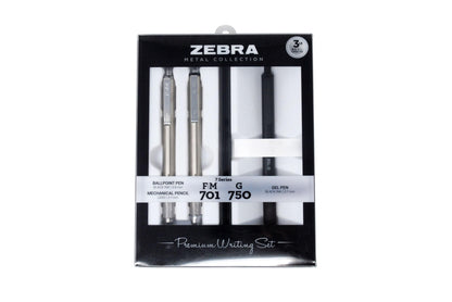 Zebra Pen Premium Writing Gift Set 3-Pack, Black Ink, Medium/Fine Point, Includes G-750 Gel Pen, F-701 Ballpoint Pen, and M-701 Mechanical Pencil, Metal Barrels, Refillable (10513)