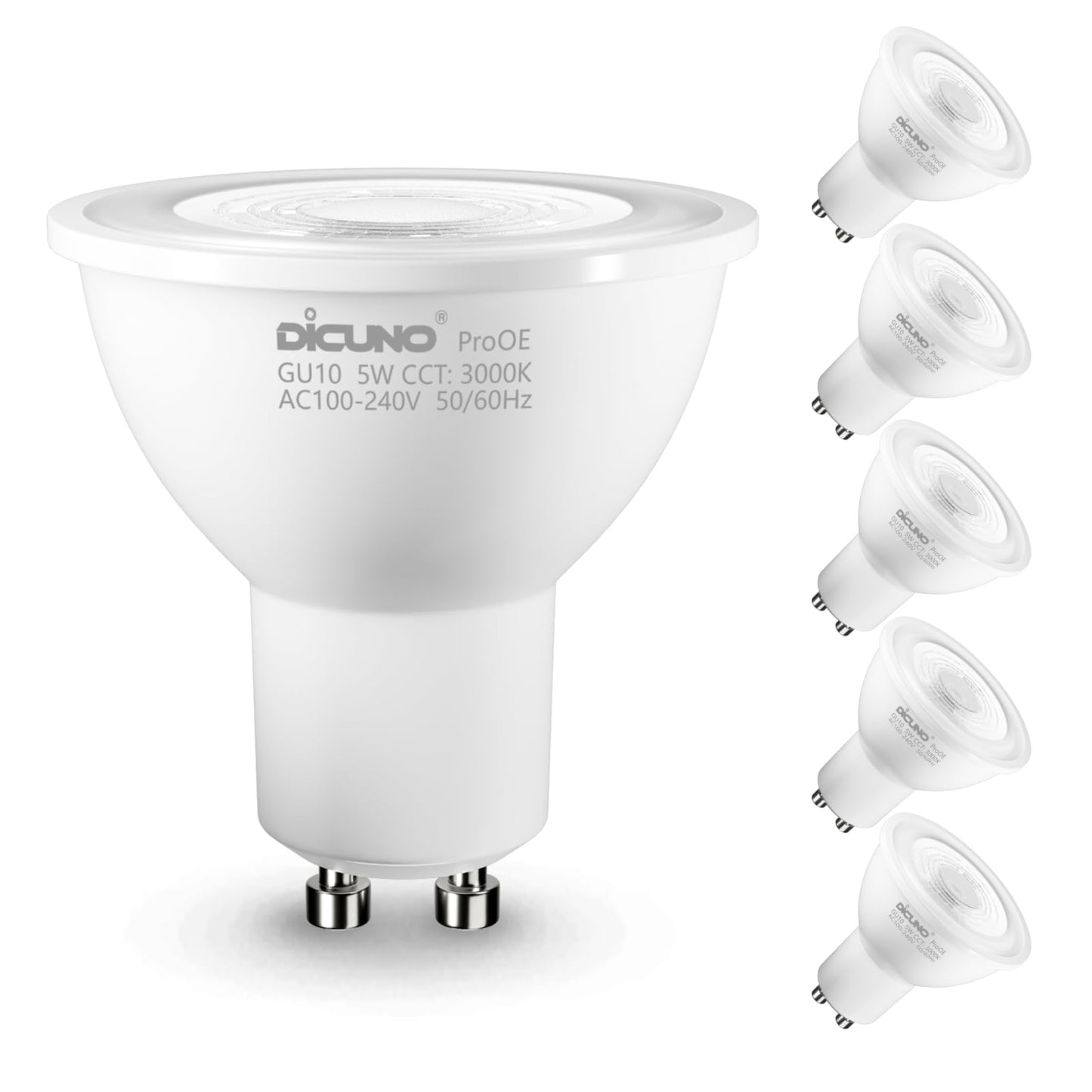DiCUNO GU10 LED Bulbs, 3000K Warm White, 5W (40W Equivalent), 400lm, High CRI 98, GU10 Base Non-Dimmable Spotlight Bulbs for Track & Recessed Lighting, 6-Pack