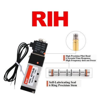 RIH Pneumatics Solenoid Valve 1/8" NPT 12V Single Coil Pilot-Operated Electric 5Way2Position 4V110