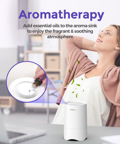 ROSEKM Small Air Purifier for Home Bedroom, Personal Desk Mini Air Purifier, Room Hepa Air Purifier Fresheners Cleaner for Dorm, Pets, Smoke, Desktop, Office (White)