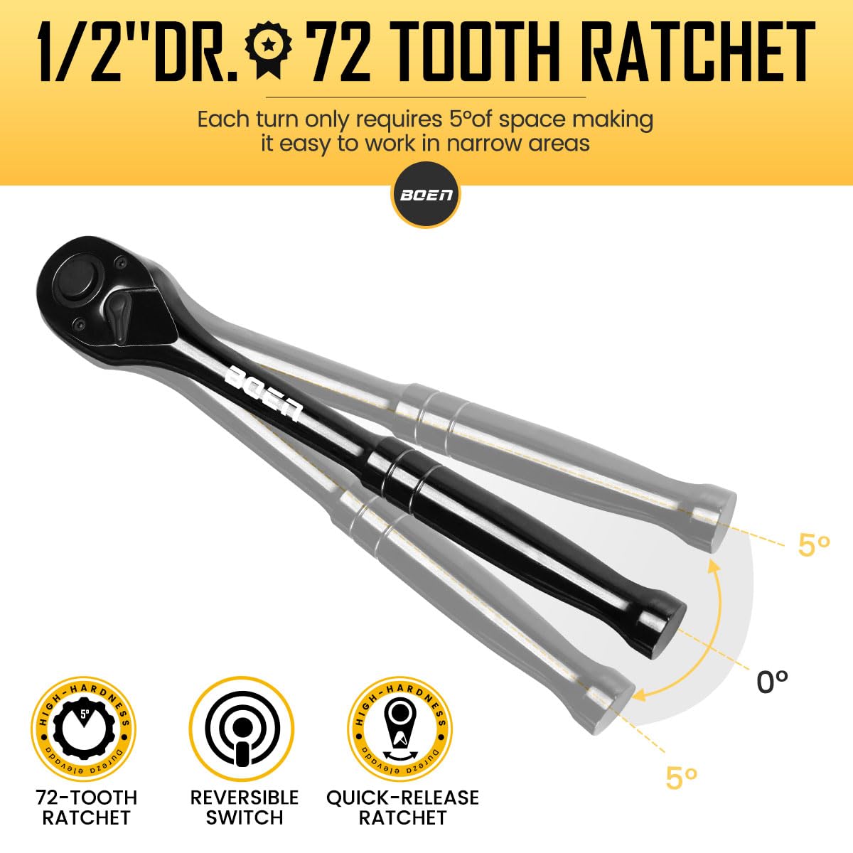 1/2-Inch Drive Ratchet Wrench, 72-Tooth Quick-Release Reversible Ratchet Wrench, Titanium Alloy Coating, High-Precision Durable Design