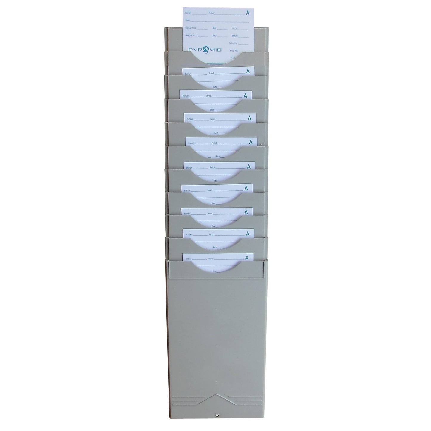 Pyramid Time Systems - Pyramid 400-10 Time Card Rack, Retractable Wall-Mounted Time Card Holder with 10 Pockets, Plastic Employee Punch Card Organizer for Office, Light Gray, Single Badge Rack