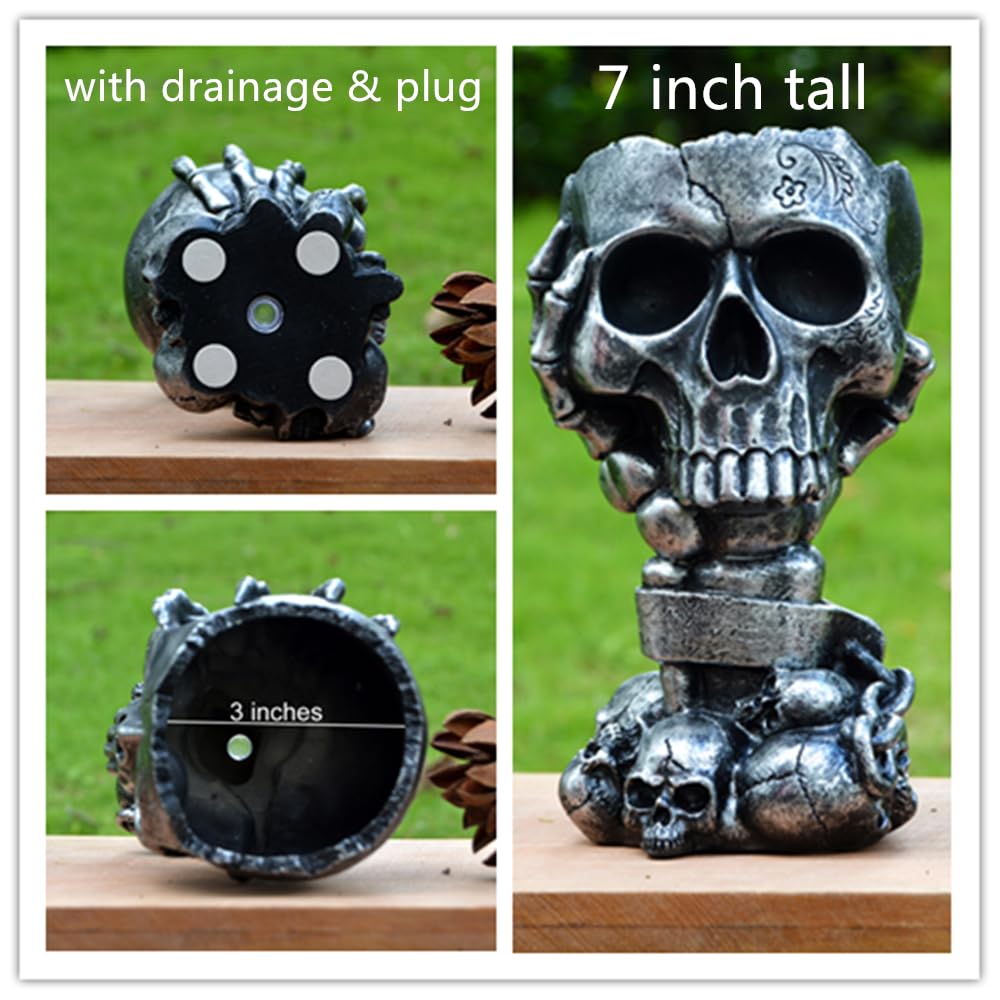 Skull Planter Gothic Home Decor, Cool Planters for Halloween Decorations Indoor/Outdoor Plants, Flower Pots, Plant Pots, Flower Pot, Plant Pot, Unique Statue Vase with Drainage(Tall Black Vases)