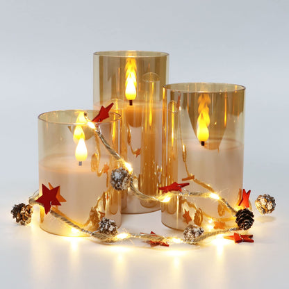 Rhytsing Gold Glass Battery Operated Candles with Remote, Flameless LED Candle Gift Set, Warm White Light, Batteries Included - Set of 3