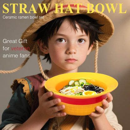 5 PCS Onepiece Anime LUFFYs Straw Hat Ceramic Bowl Set, 20 oz Anime Theme Merch Ramen Bowl + Captain Stainless Steel Fork & Spoon & Chopsticks + Enamel Pin + Exquisite Packaging Box