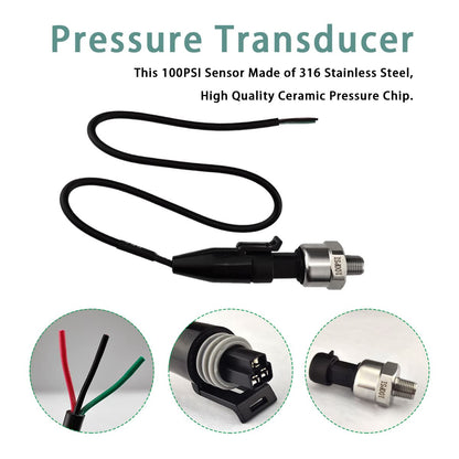 Pressure Transducer Sender Sensor with Connector, 1/8"NPT Thread Stainless Steel Fuel Pressure Sensor for Oil Fuel Air Water (100PSI)