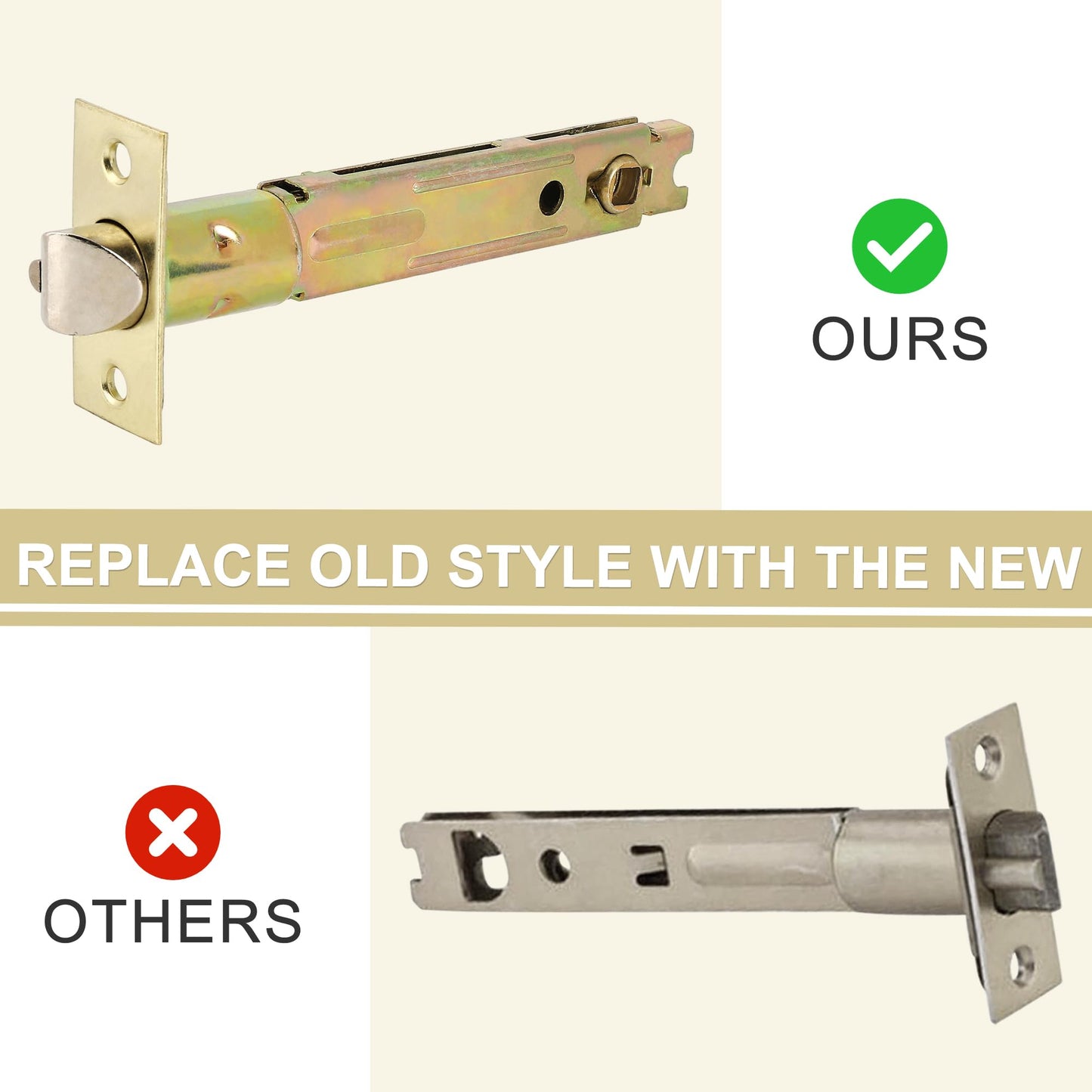 MaxxGeek 5-Inch Backset Entry Door Latch Fit Standard Knobset, 90° Square Interface with Square Corner Faceplate, Requires a 2-1/8" Cross Bore & 1" Edge Bore, Non-Handed, Polished Brass