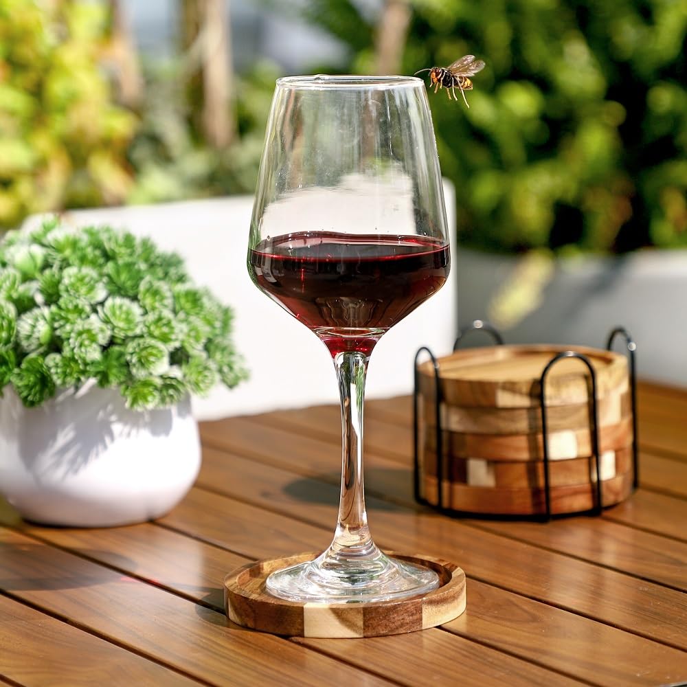 WLWNWFT Acacia Wood Round Coasters with Holder, Set of 6, Brown