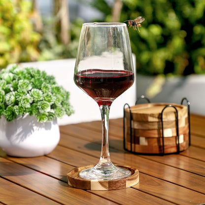 WLWNWFT Acacia Wood Round Coasters with Holder, Set of 6, Brown