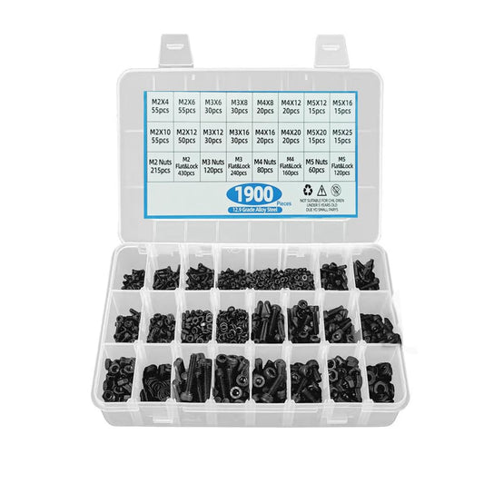 WiliThghe 1900PCS M2 M3 M4 M5 Metric Screw Combination, Hex Nut Metric Bolt and Nut Combination Kit, Metric Nut and Bolt Flat Washer and Lock Washer Kit, with 4 Hex Wrenches, Grade 12.9 Alloy Steel