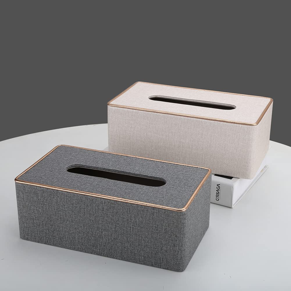 KINGFOM Rectangular PU Leather Tissue Box Holder, Facial Tissue Case Napkin Dispenser for Home Office Car Automotive Decoration with Gold Line(Pearl White-L)