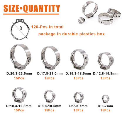 Rustark 120Pcs 6-23.5mm 304 Stainless Steel Single Ear Stepless Hose Clamp Clips Assortment Kit for Various Hoses and Automotive Use