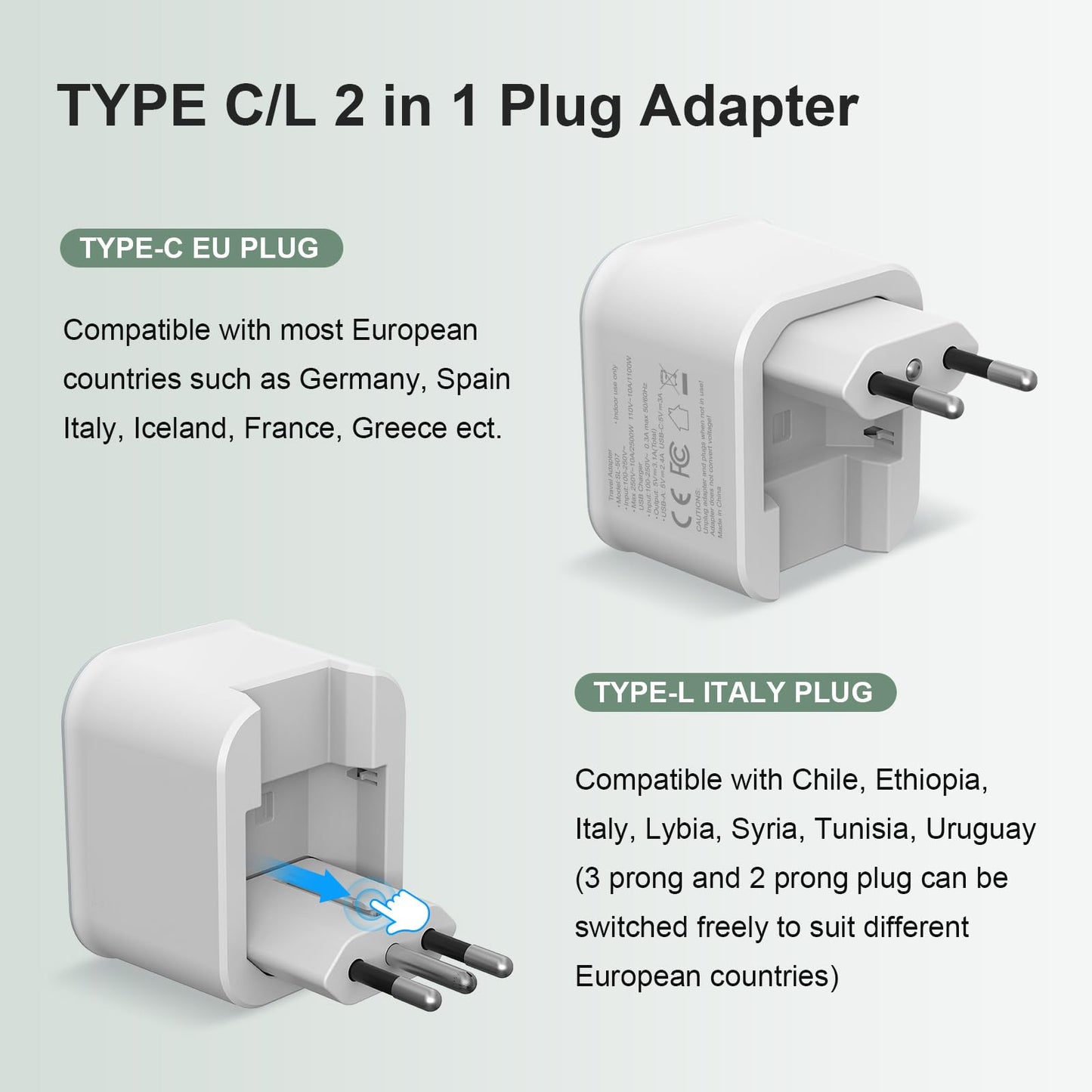 2 Pack European Travel Plug Adapter, VYLEE Foldable Travel Adapter with 3 USB (1 USB C Port) and 1 AC Outlets Charger for Canada to Most of Europe - EU France Germany Spain Italy