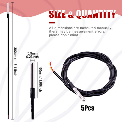 Hilitchi 3m/9.8ft Waterproof Temperature Sensors Digital Temp Probe (Pack of 5pcs)