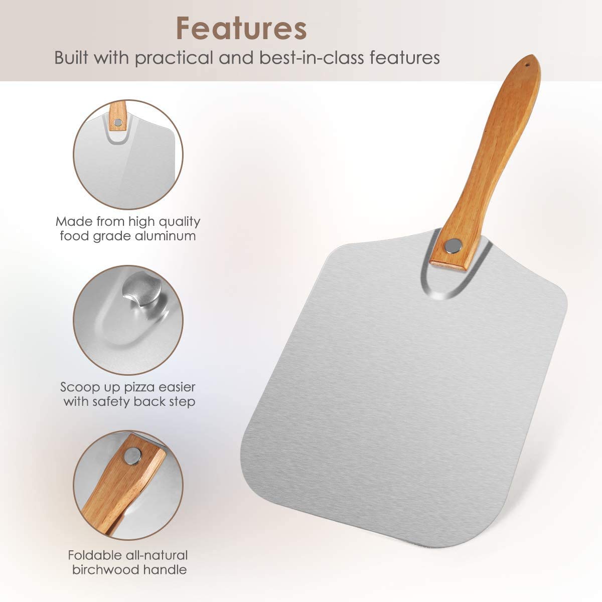 12 Inch x 14 Inch Aluminum Metal Pizza Peel, Pizza Paddle for Baking Homemade Pizza and Bread with Foldable Wood Handle for Easy Storage, for Any Outdoor Or Indoor, Oven or Grill Use (Aluminum)