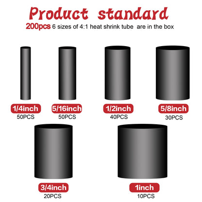 200PCS Heat Shrink Tubing Kit, Dual Wall Tube, Marine Shrink Tubing, Adhesive Lined(Shrink Ratio4:1,Black)