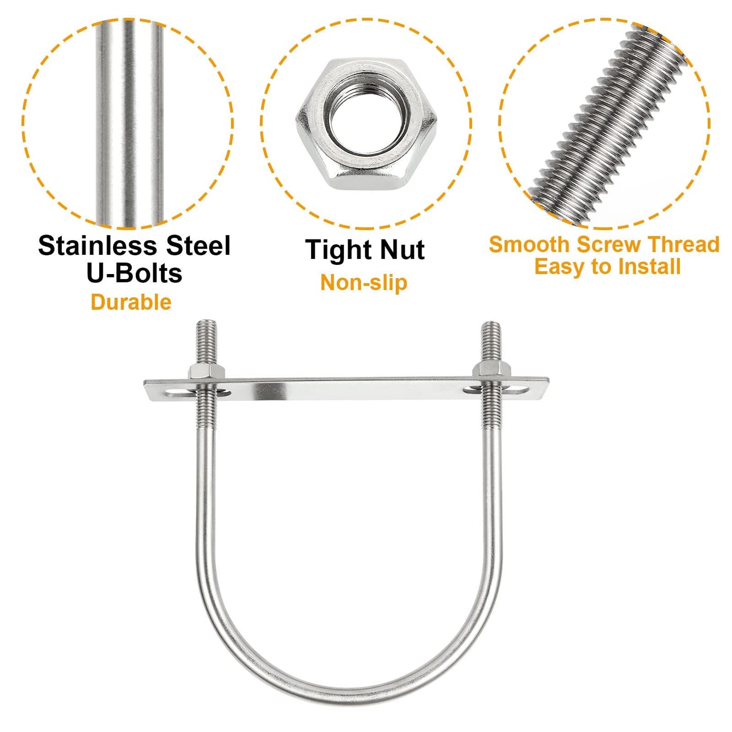 ACXFOND 4Pack Round U-Bolts 5.4"" Inner Widthx6.4 Length Stainless Steel U Bolts with Nuts, Frame Plate, Washers for Ski Boat, Fishing Boat or Sailboat Trailer