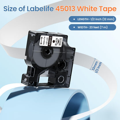 Replace for DYMO Label Maker Refills 45013 Compatible with DYMO D1 Label Tape 1/2'' x 23' (12mm x 7m) 45013s S0720530 for Dymo Labelmanager 160 280 210D 360D 420P, Black on White, 5-Pack
