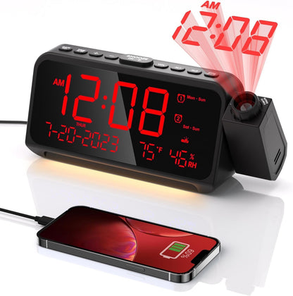 Projection Alarm Clock for Bedroom, Alarm Clock with 350° Rotatable Projector, 5 Brightness, Dual Alarm with Weekday/Weekend Mode, Temp & Humidity, Snooze, Bedside Alarm Clock for Heavy Sleepers（Red