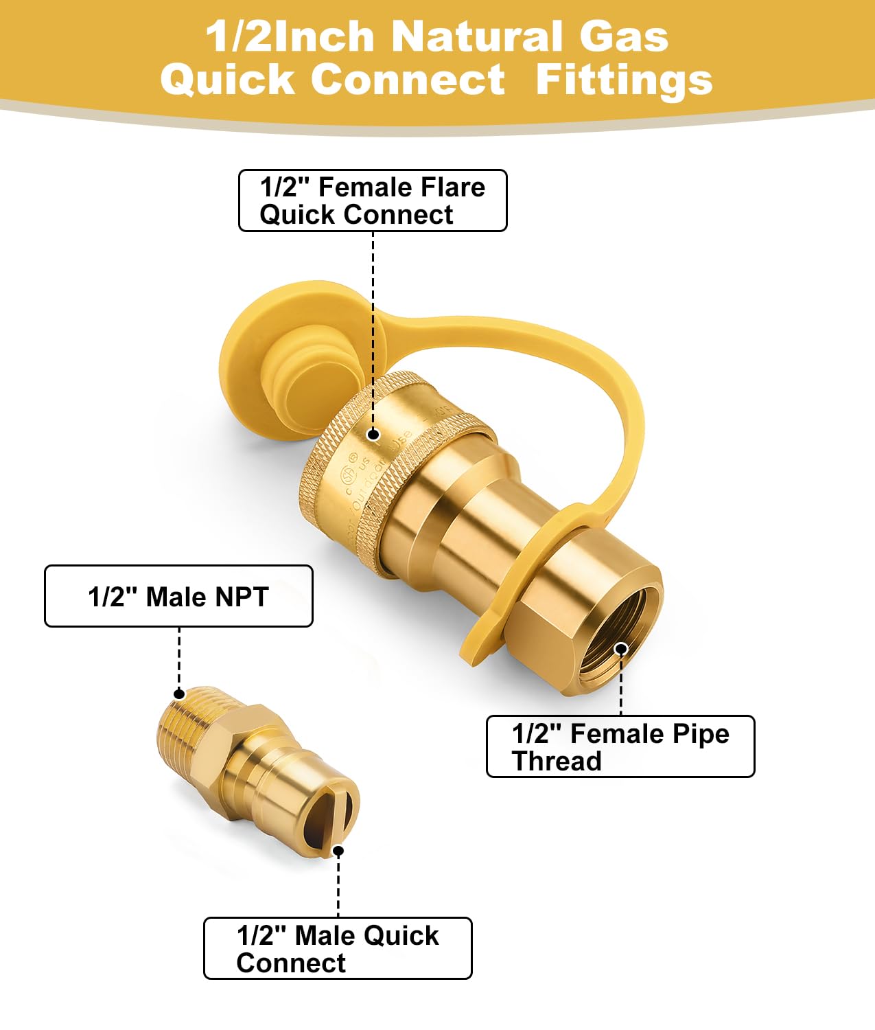 WADEO 1/2 Inch QDD LP Gas Quick Connect Fittings with Male Insert Plug, 1/2 Inch Natural Gas Propane Quick Disconnect Kit, NOT 3/8" Quick Connect Adapter