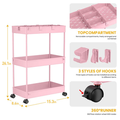 SPACELEAD Slim Storage Cart,3 Tier Bathroom Rolling Organizer Slide Out Mobile Shelving Unit Trolley for Office Kitchen Laundry Room Narrow Places, Pink