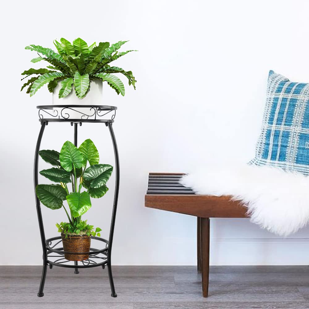 Plant Stand Indoor Outdoor, 2 Tier Tall Metal Plant Stand 27.1", Heavy Duty Plant Pot Holder, Corner Plant Rack Display Shelf for Home Garden Office, Black