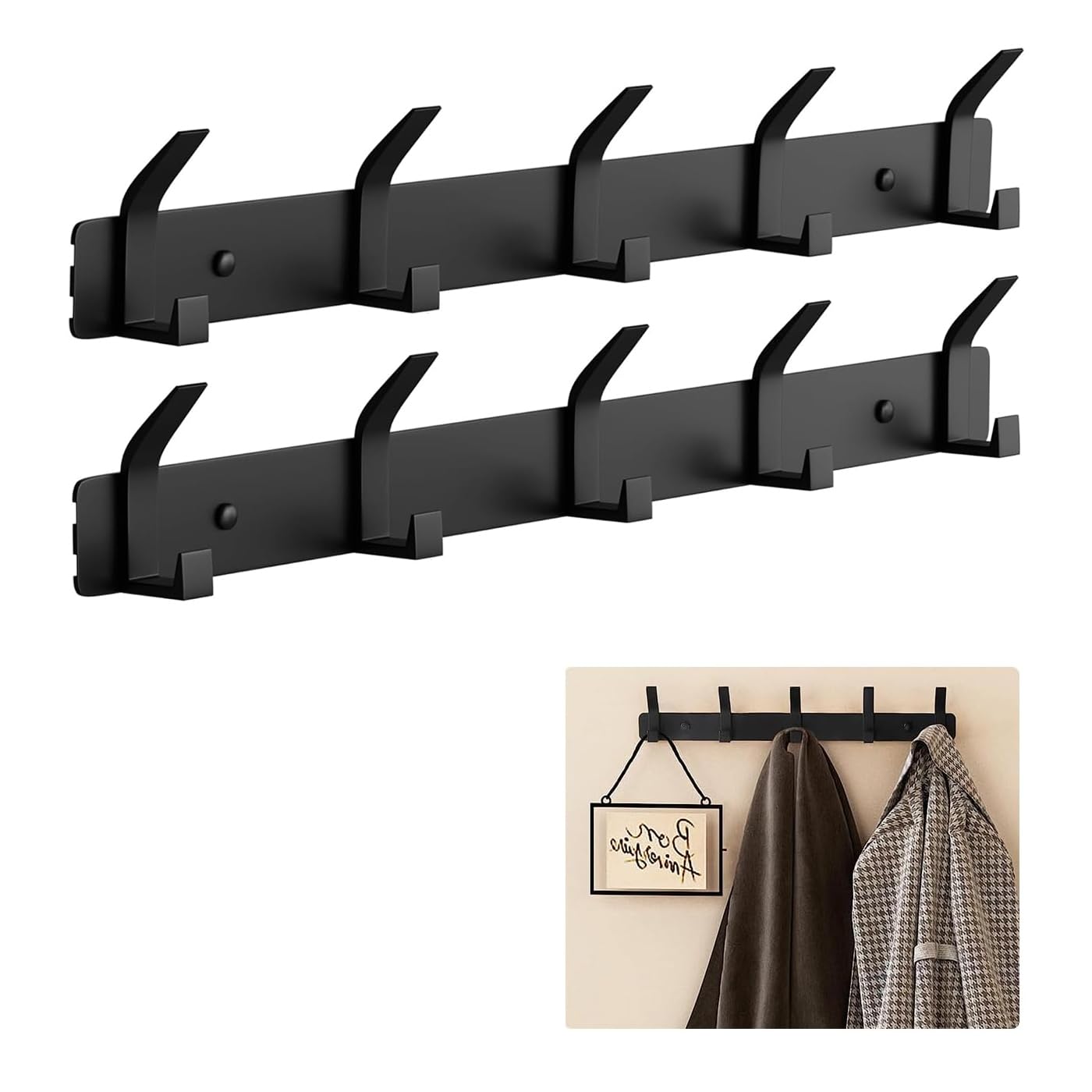 LAKNUY 2-Pack Coat Rack Wall Mounted ，Heavy Duty Aluminum 5 Double Hook Coat Hook Modern Clothes Hook Rails Wall Hook Rack for Coat Hat Towel Purse Robes Mudroom Bathroom Entryway (Black)