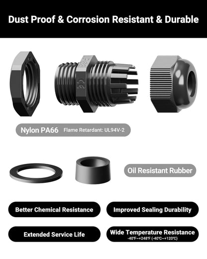 VCELINK 60Pcs IP68 Waterproof Cable Gland Kit - PG7/9/11/13.5/16/19 Thread, Adjustable for 3-18mm Cable Diameter, Black Nylon Cord Grip Connectors, Black