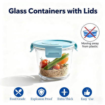 B.GUBOBOYA 4Pack Round Glass Soup Storage Containers with Locking Lids, 24oz Glass Food Containers BPA free, Round Food Containers for Salad, Soup, Lunch and Microwave, Freezer, Dishwasher Safe