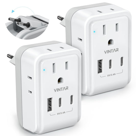 2 Pack European Plug Adapter, VINTAR Foldable Travel Adapter for Europe with 4 AC Outlets 3 USB Ports(2 USB C), Type C Adaptor Charger for Canada to Most of Europe Italy Spain France Portugal
