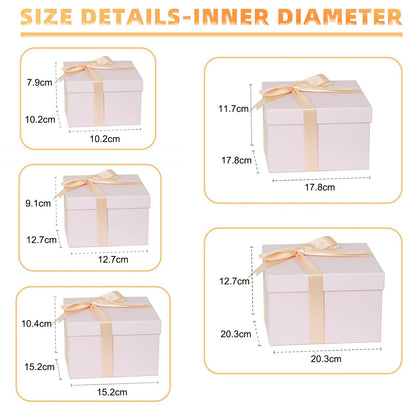 CHARMGIFTBOX 5 Pack Large Square Nesting Gift Boxes with Lids for Presents, Pink Stacking Gift Box with Ribbon Card for Wedding Birthday Party Valentine Christmas