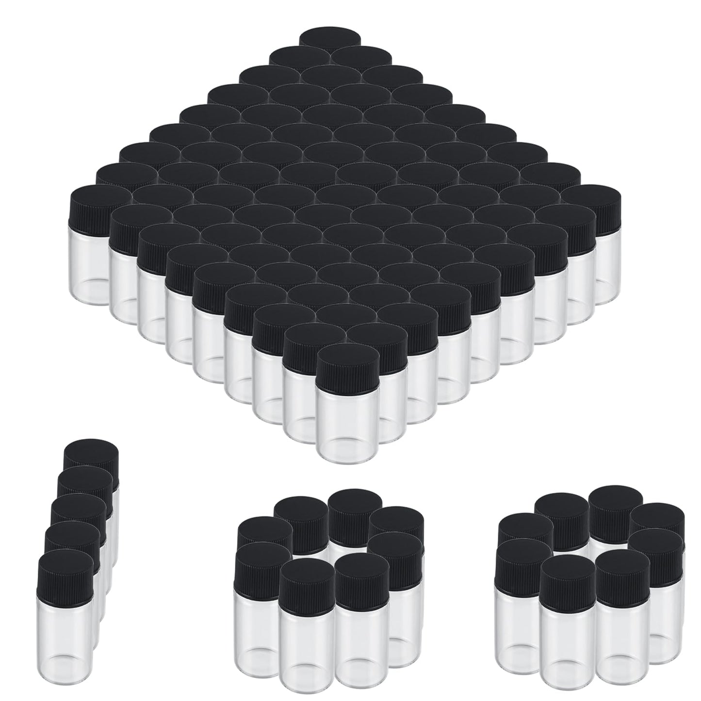 100 Pieces Glass Sample Vial, 5ml Clear Small Glass Vials with Black Plastic Screw Caps for Aromatherapy, Perfume, Wedding Favors, DIY Crafts