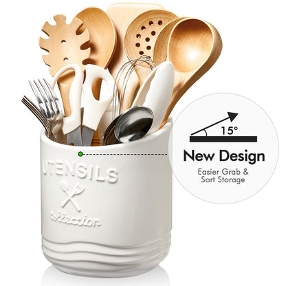 Utensil Holder for Counter,7.5" Large Kitchen Cooking Ceramic Utensil Holder for Farmhouse Décor,15° bevel design,Non-Slip Cork Base,White