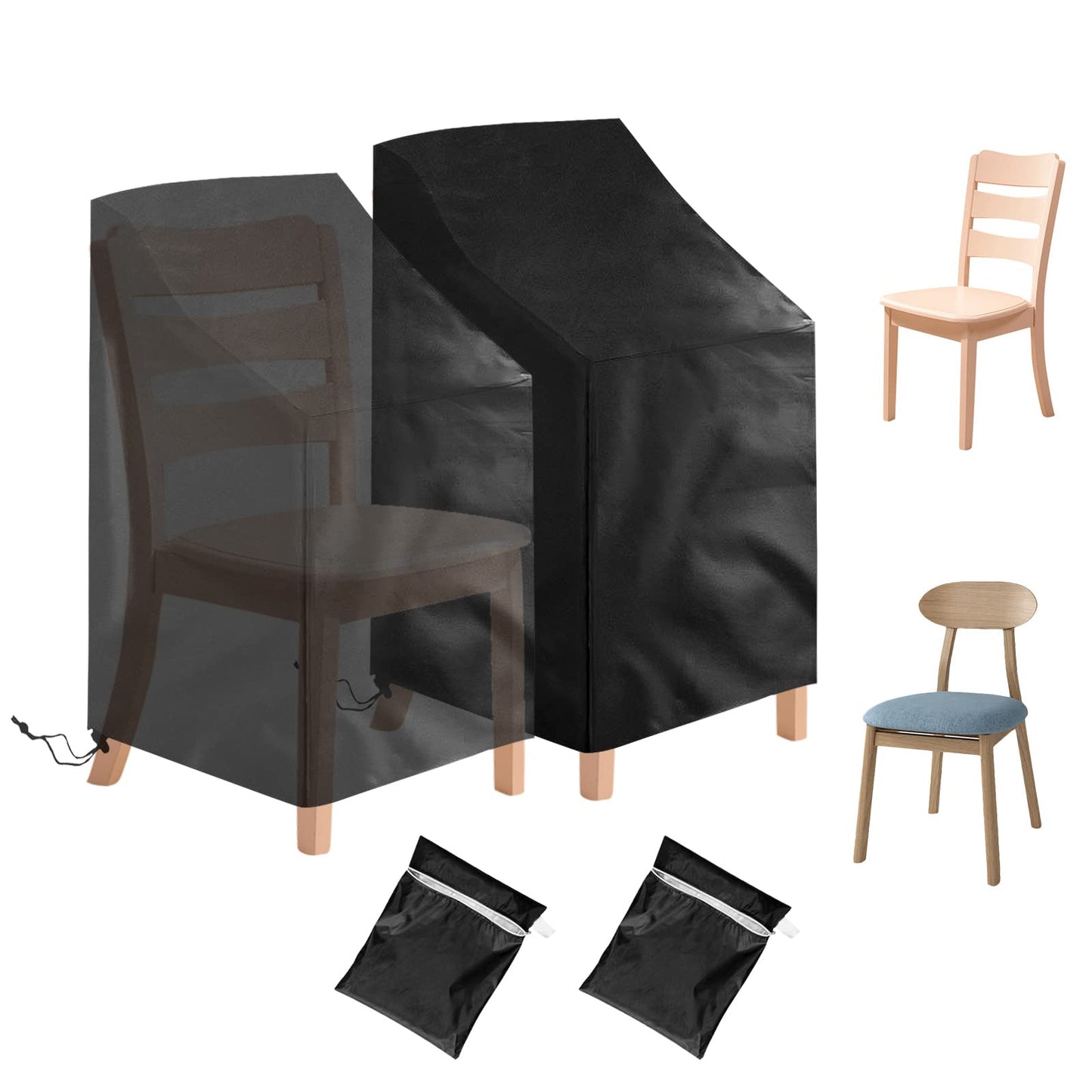 2 Pack Patio Chair Cover Stackable,210D Waterproof Outdoor Chair Cover UV-Coated Polyester Outdoor Furniture Covers for All-Weather Protection, 25" L x 25" W x 47”H (2 PCS - Black)
