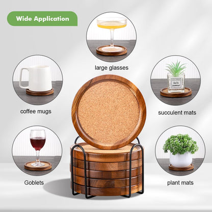 WLWNWFT Acacia Wood Coasters with Holder - Absorbant Cork Coasters for Drinks | Set of 6, 4.33in