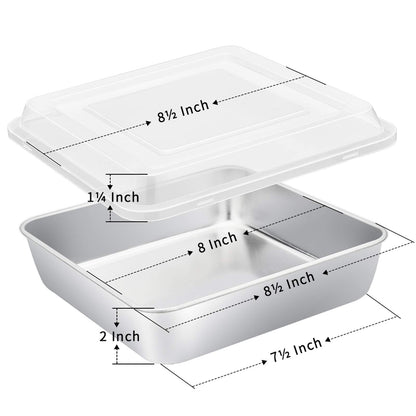 8 x 8-Inch Baking Pan with lid, E-far Square Cake Brownie Baking Pans Stainless Steel Bakeware Set of 2, Non-toxic & Healthy, Easy Clean & Dishwasher Safe - 4 Pieces(2 Pans + 2 Lids)