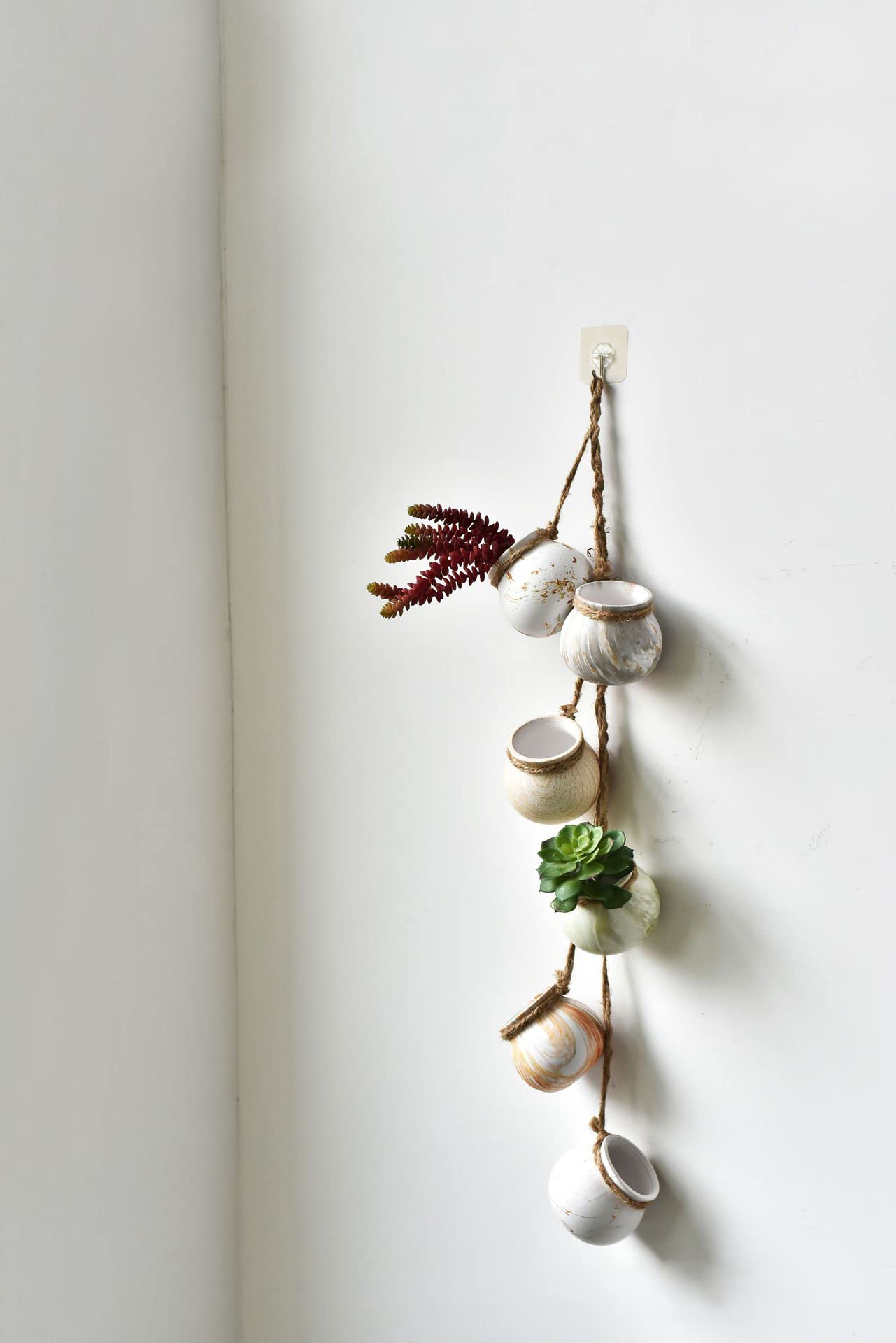 SOUJOY 6 Pack Hanging Succulent Planters, 4'' Mini Ceramic Wall or Ceiling Mount Dangling Plant Pot, Hanging Flower Pot with Jute Rope for Indoor Outdoor Decor, Light Beige