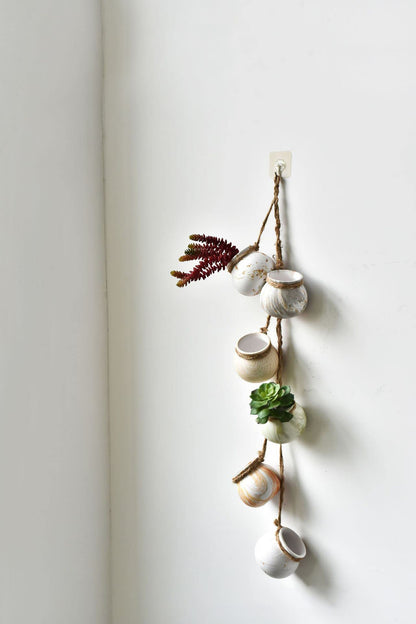 SOUJOY 6 Pack Hanging Succulent Planters, 4'' Mini Ceramic Wall or Ceiling Mount Dangling Plant Pot, Hanging Flower Pot with Jute Rope for Indoor Outdoor Decor, Light Beige