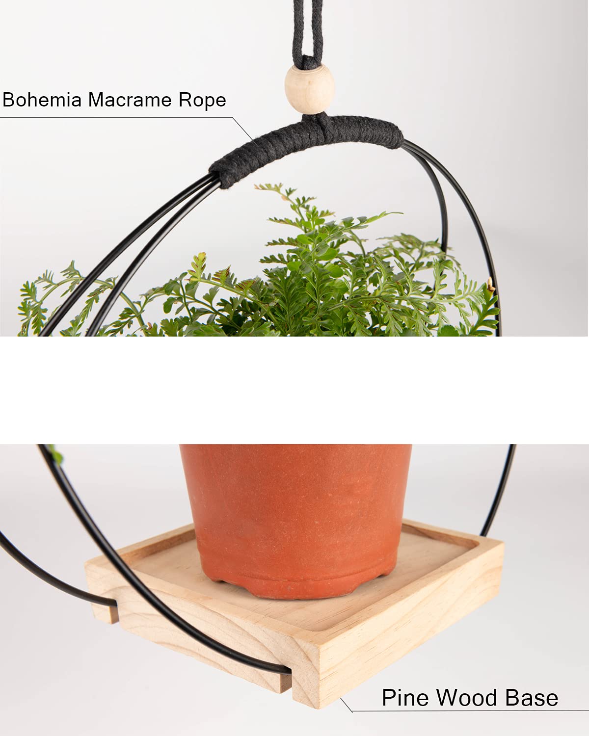 ABETREE Hanging Planter with Wood Base Modern Macrame Plant Hanger for Indoor Outdoor Wall Ceiling Window Boho Home Décor, Black(Planter/Plants Not Included)