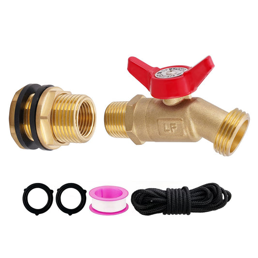 Brass Water Container Rain Barrel Faucets Lead-Free Spigot Kit 3/4" GHT Brass Rain Barrel Quarter Turn Ball Valve Spigot with Bulkhead Fitting Suitable for Garden Hose Thread Connection
