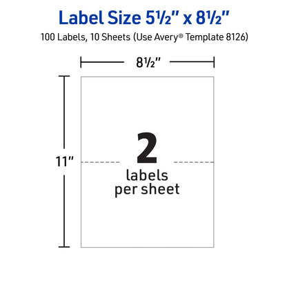 Avery Half-Sheet Printable Shipping Labels, 5.5" x 8.5" Customizable Stickers, White, 50 per Pack, 100 Blank Mailing Labels Total, Great for Mailing, Shipping, Organizing, and More (2-Pack of 8126)